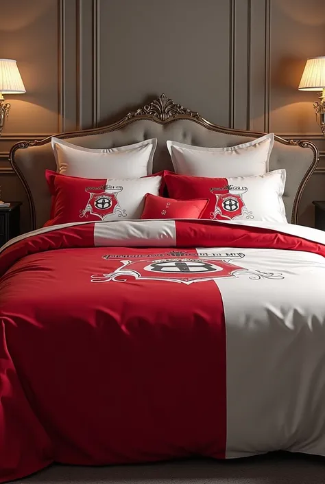 Créate a picture of a queen bed with sheets of Deportivo Municipal (soccer team of Peru ) red and withe 