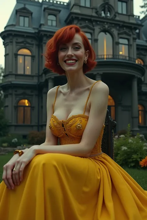 Jessica Stroup with short red hair and D cup breasts, wearing a fancy exquisite yellow dress, sitting outside of a spooky mansion, happy, delighted