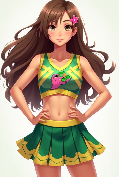 Create an image of a girl with brown hair. skirt for cheerleaders , which has wide green planks on top , and yellow below the green, The shirt has 2 crossed stripes on the chest in yellow , with the logo of a hummingbird holding a pink flower with green le...