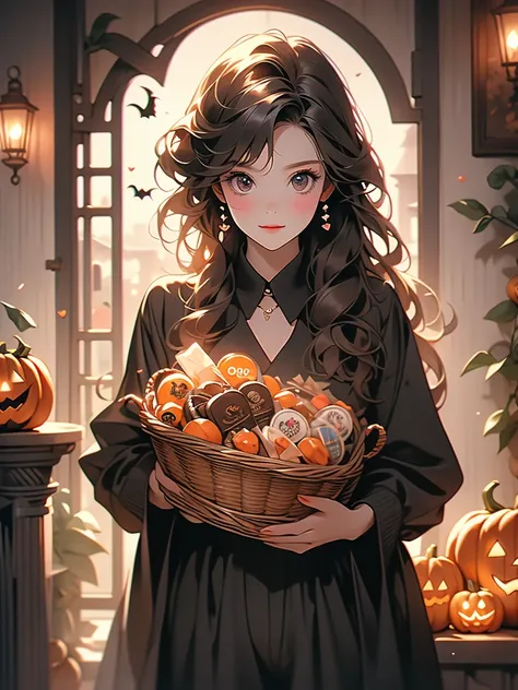 High image quality　High degree of thawing　8k　Wearing a dachshund jumpsuit　When I opened the front door　A wicker basket filled with scattered candies the size of hearts.　Hand holding　A Halloween atmosphere　Background Blur　