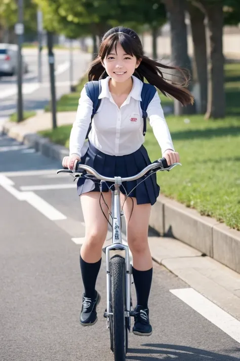 A Japanese high school girl in a miniskirt riding her bicycle to school on a windy day