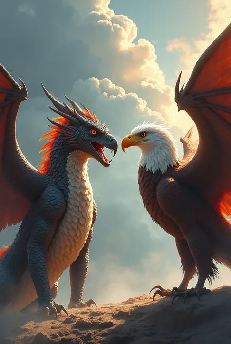 Dragon and eagle sitting face to face hyper realistic 