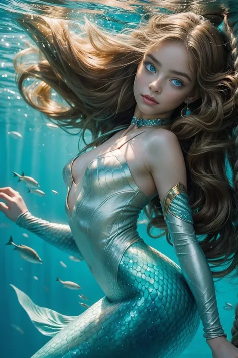 In a serene underwater mermaid girl stands solo, hows her back as she boldly swings a sword with one hand. Her long, windblown brown hair with subtle light blonde highlights, bold eyebrows and eyelashes frame her bright blue eyes, flecked with small freckl...