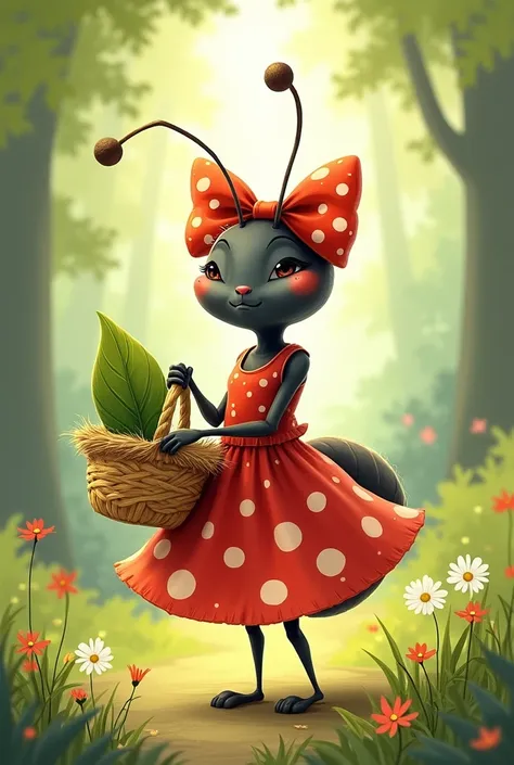 Create a drawing of an ant with a red dress with white polka dots and a red bow on its head, carrying straw basket with leaf inside and in a forest with small flowers like watercolor look 