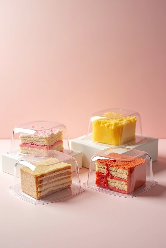 cakes packaged in transparent three-color marquise-type plastic containers