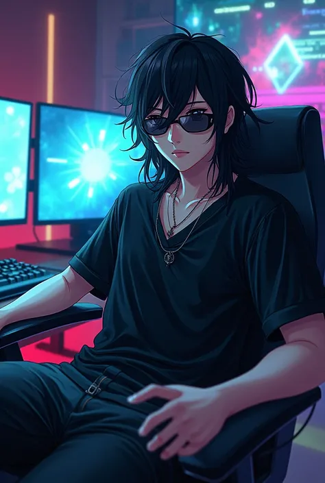 Black shirt, sunglasses,long hair,background gamer setup anime boy