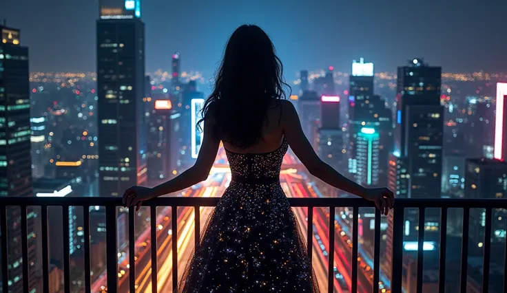 Silhouette of a woman standing on a bridge overlooking a busy modern city at night. Dress up like a star.