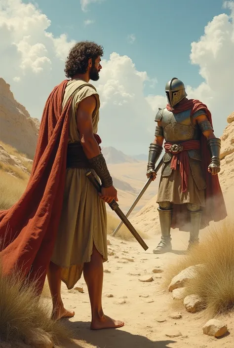 an image of David aged 20, holding a sling and a stone in his hand and wearing his Israelite clothing, And at a distance is the giant Goliath, not so big with his armor.