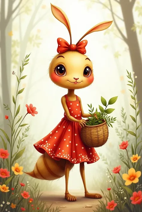 Create a drawing of a light brown ant with a red dress with white polka dots and a red bow on its head, carrying straw basket with leaf inside and in a forest with small flowers like watercolor drawing look 