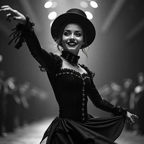 A Pretty mime young  teenage girl, black and white mime outfit, mime hat, smiling, black and white mime make up, dancing in cirque du soleil