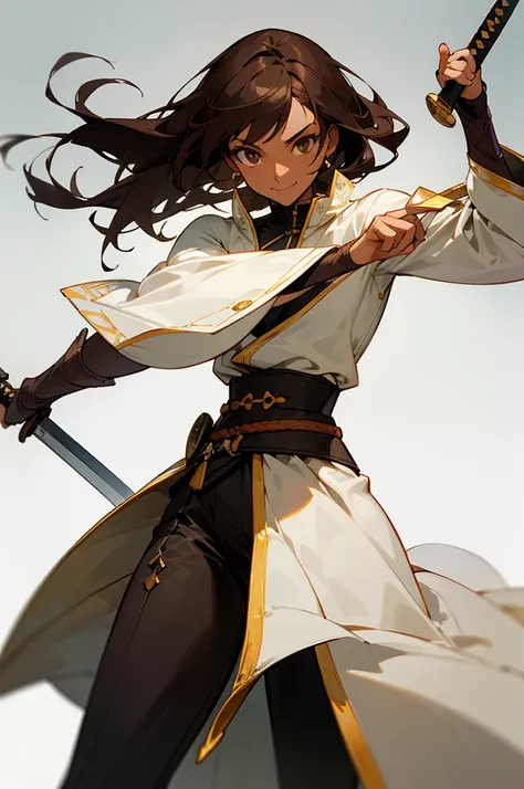 A female swordsman, hem at the waist, sword inside the sheath. 1 woman, brown hair, dark skin. relaxed pose, smiling slightly. good anatomy, Simple Clothes, design bonito, FIRST WORK