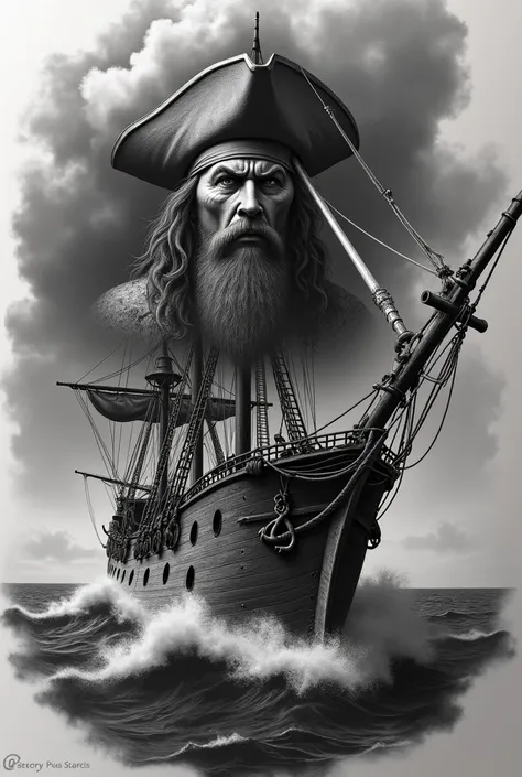 "A realistic 3D black and white tattoo of a majestic pirate ship with its sails open, facing rough ocean waves. At the top of the ship emerges the intense and striking face of a pirate, with detailed features such as scars, a beard, and a classic pirate ha...