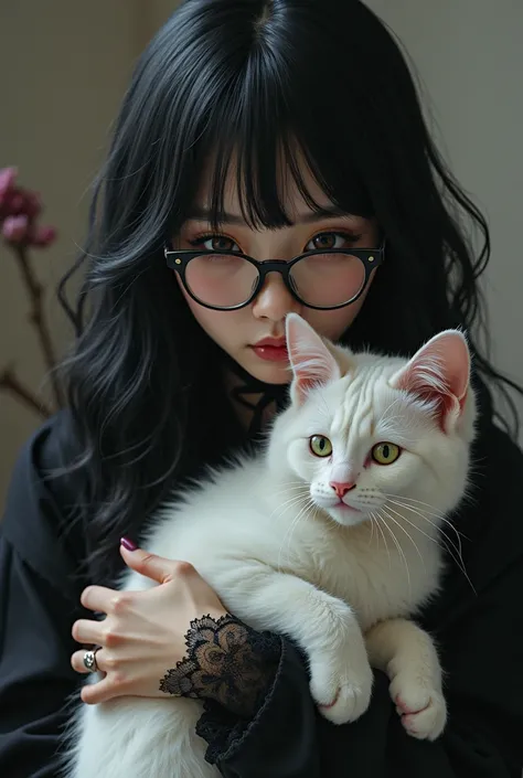 Beautiful girl with long wavy black hair, light brown eyes plastic glasses gothic and Otaku ,holding a white cat with green eyes 