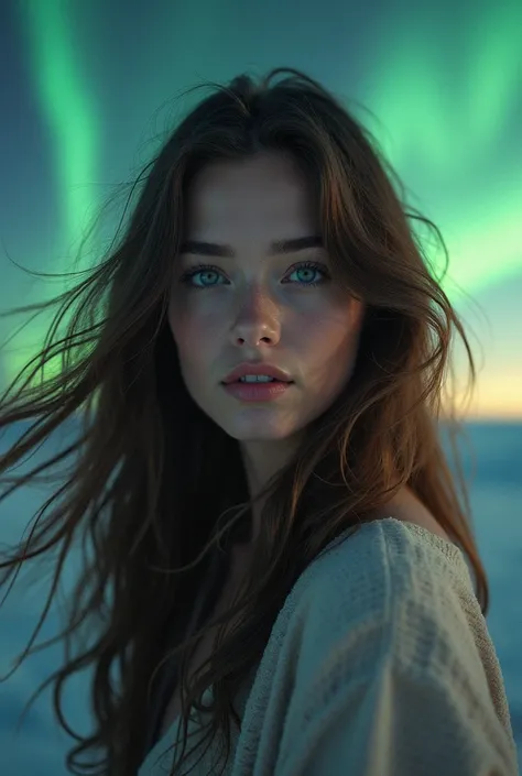 Beautiful brunette woman with a background of an Aurora 