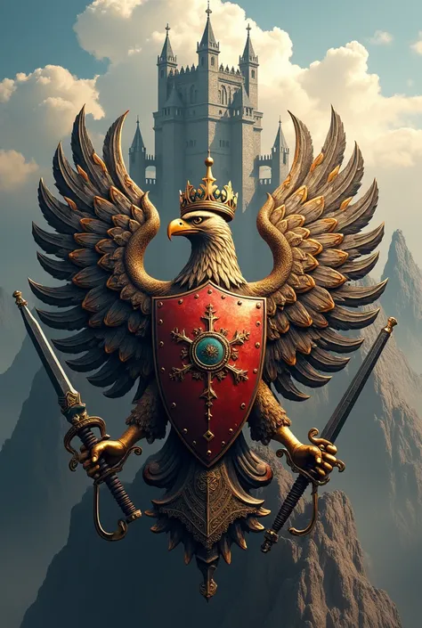 An emblem of a coat of arms with weapons and an eagle with its wings spread and a castle behind it, that imposes leadership and majesty, a little more colorful golden details