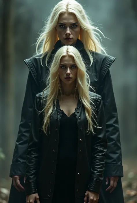 "Create a stunning book cover set in a mystical environment, dark environment. beautiful blond demon, a dangerously beautiful figure, stands behind long-haired blonde woman in black dress and oversize football jacket, 