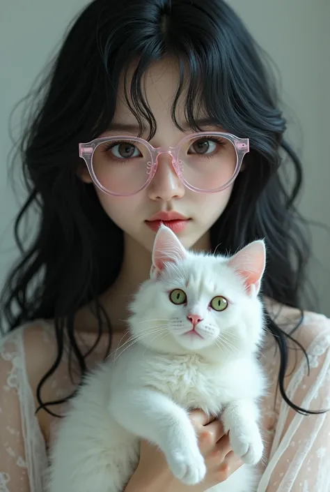 Beautiful girl with long wavy black hair, light brown eyes clear plastic glasses baby pink ,Gothic and Otaku ,holding a white cat with green eyes 