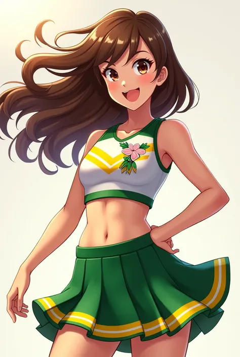 Create an image of a girl with brown hair. skirt for cheerleaders , which has wide green planks on top , and yellow below the green, The sleeveless shirt covering her shoulders and her belly has 2 crossed yellow stripes on her chest. , with the logo of a h...