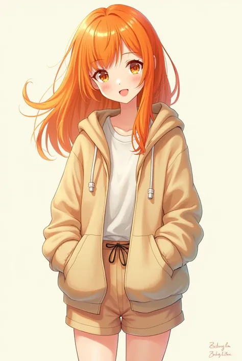 cute girl, orange hair long, hoodie, shirt, shorts