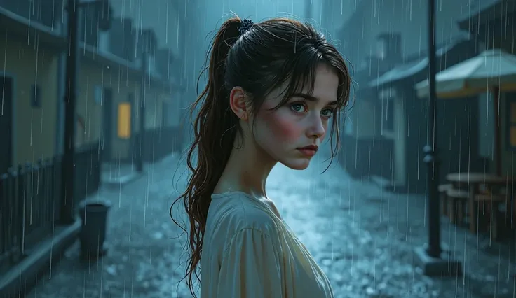  
Consept art raining at night Woman with a ponytail, freckles, blue eyes and brown hair Very feminine face Female nose With white blouse and full body skirt in wet rain Bottom-up perspective 