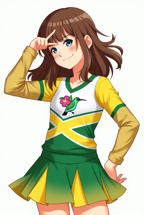 Please, create an illustration of a girl with brown hair wearing a cheerleader uniform. She wears a skirt with wide green panels on top and yellow underneath.. The shirt has sleeves that cover the shoulders and two crossed yellow stripes on the chest.. In ...