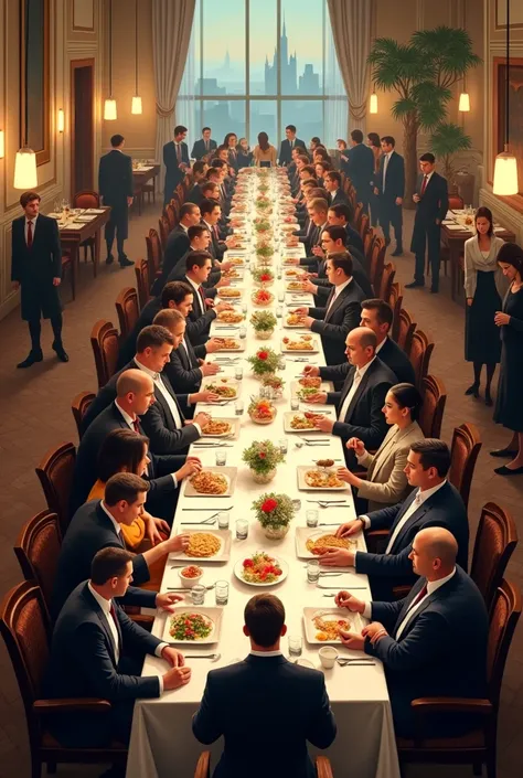 Create a large lunch table with 40 elegant people in suits in a simple restaurant and make another one in a less fancy place