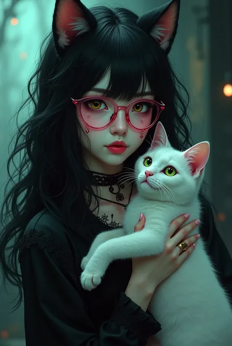 Beautiful girl with long wavy black hair, light brown eyes with small scars on the face,baby pink clear plastic glasses ,Gothic and Otaku ,holding a white cat with green eyes on halloween 