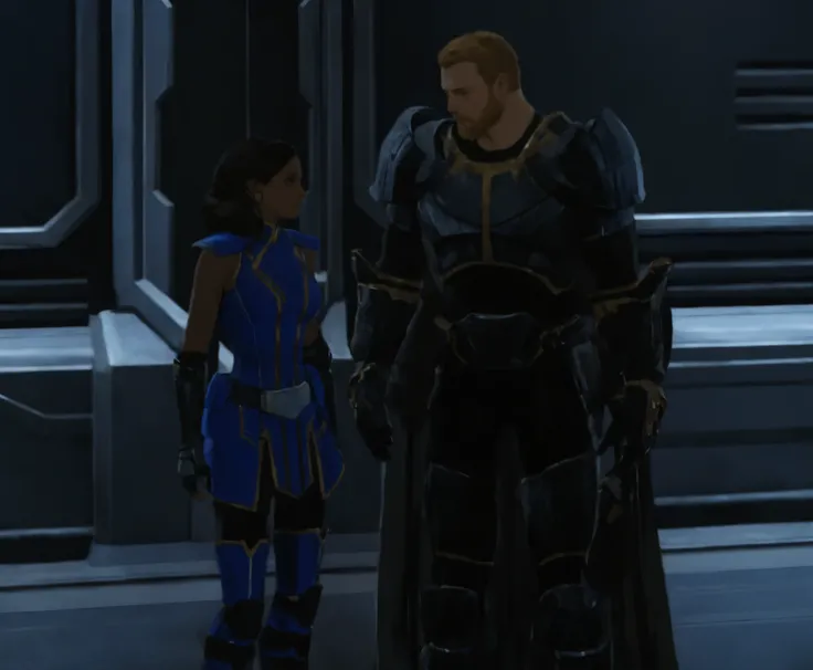 there are two people standing in a room with a door, clothed in stealth armor, npc with a saints halo, npc with a saints halo, wearing black sith uniform, npc talking, wearing thunder armor, wearing mass effect armor, wearing imperial gear, dark blue segme...