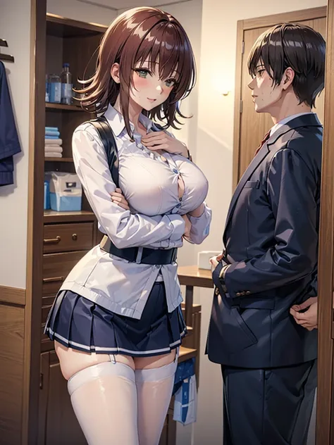 ((best quality)), ((masterpiece)), (detailed), man and woman,age 25,uniform,student,(mini skirt),(please open the buttons on you...