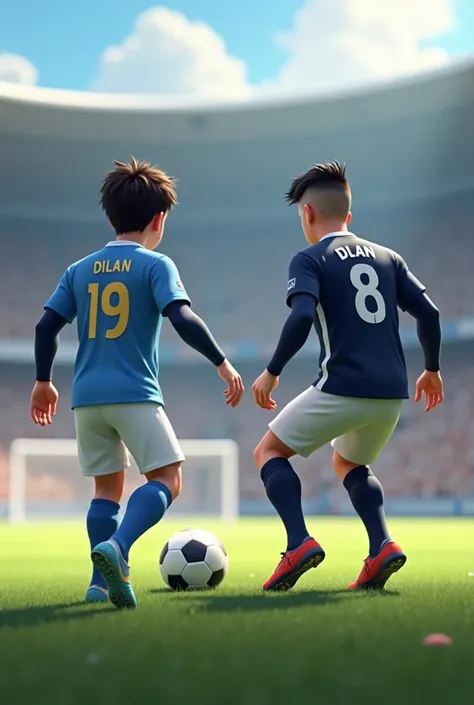 Rear view of football player wearing blue jersey , Dark blue shorts and socks with the number 19 and the name DILAN in gold and next to it another player with a rear view wearing a very dark blue long-sleeved shirt , White shorts and very dark blue socks w...