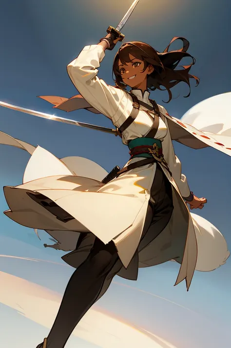 A female swordsman, hem at the waist, sword inside the sheath. 1 woman, brown hair, dark skin. relaxed pose, smiling slightly. good anatomy, Simple Clothes, design bonito, FIRST WORK, perspective