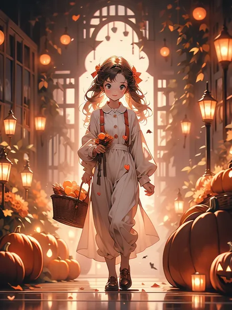 High image quality　High degree of thawing　8k　Girl in a dachshund jumpsuit　Full body　When I opened the front door　A wicker basket filled with scattered candies the size of hearts.　Hand holding　In a HALLOWEEN atmosphere　Background Blur　