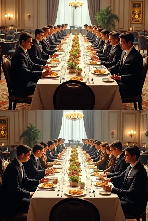 Create a large lunch table with 40 elegant people in suits in a simple restaurant and make another one in a less fancy place