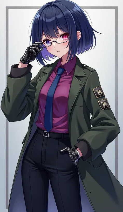 dark blue bob、internal dyeing （Purple red）、 different color eyes （Left red、Right olive green） 、wear glasses （silver frame）、Some mechanical parts are exposed on the face and feet、Purple red襯衣配深藍色領帶、black trousers、Wearing a military green coat、anime style、wr...