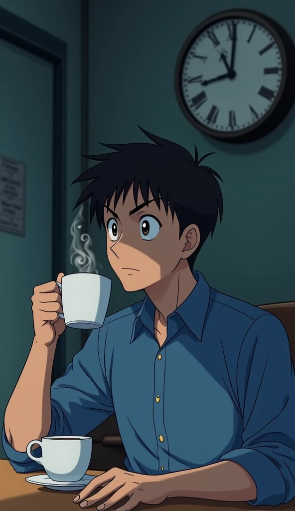 the character drinks a mug of coffee while staring at the clock on the wall
[continue following the same previous image, same art, and same character, same outfit, same objects and same scenario, adult character, he is around 30 years old, he wears a blue ...