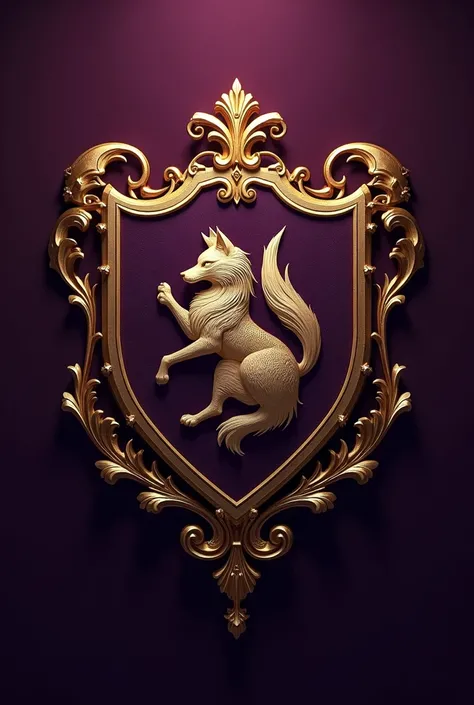 Family crest, purple, family name is Calencia, family symbol is fox, luxurious.