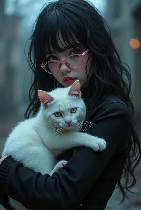 Beautiful girl with long wavy black hair, light brown eyes with small scars on the face,baby pink clear plastic glasses ,Gothic and Otaku ,holding a white cat with green eyes on halloween 