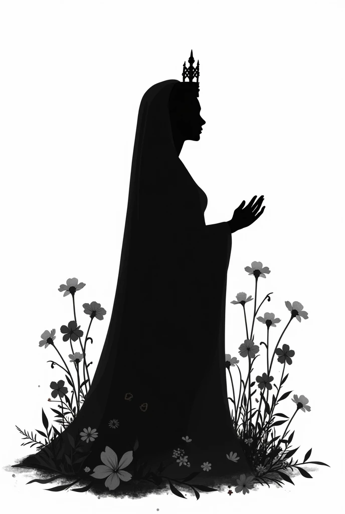 Create a black and white silhouette of a praying Jewish princess and add flowers