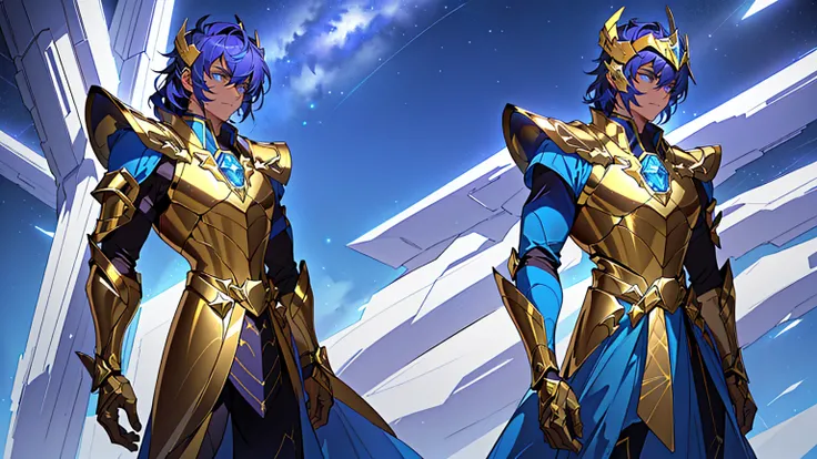 A drawing of a man in a golden and blue futuristic armor, featuring sleek plates that merge seamlessly across the body. Inspired by Knights of the Zodiac, the armors chest plate extends into large, integrated shoulder pieces that flow smoothly from the che...