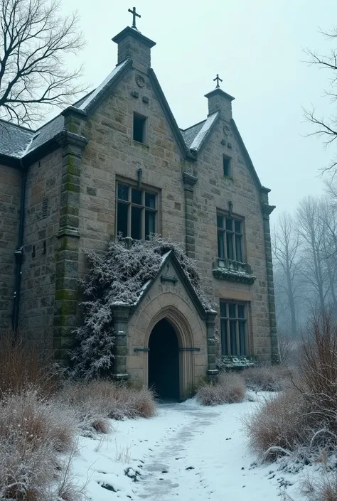 Historic and somewhat dilapidated 19th century hospice , in a gothic setting, wintery and surrounded by vegetation, located in the most remote area of the capital London and with a dark air 