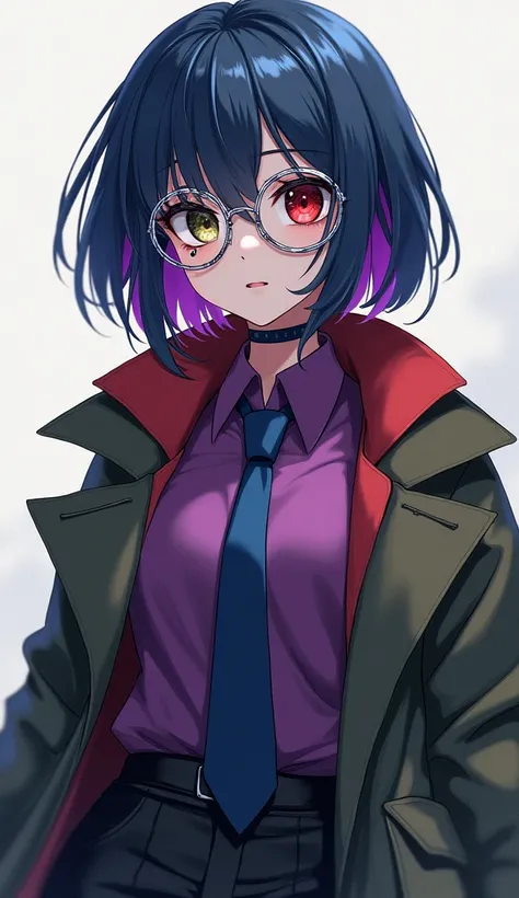 dark blue bob、internal dyeing （Purple red）、 different color eyes （Left red、Right olive green） 、wear glasses （silver frame）、Some mechanical parts are exposed on the face and feet、Purple red襯衣配深藍色領帶、black trousers、Wearing a military green coat、anime style、wr...