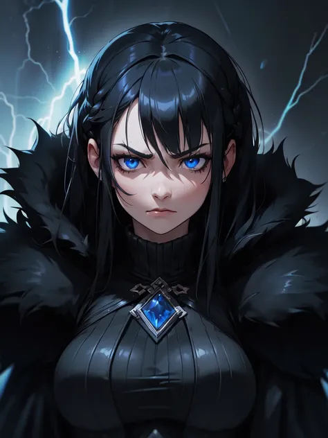 (((Portrait Photo))), She has the Appearance of a Very Small and Slim Girl, with a Fierce Temper, an Angry Face and a Constant Frown. Her Sapphire Eyes Shine with the Fury of the Storm. Her Long, Straight Dark Blue Hair, Framing it Elegantly, with Thick Br...