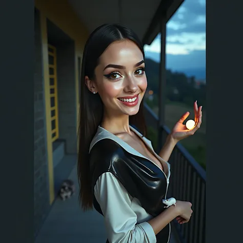 Real photo of sunrise on the balcony of the house full of yellow and white furniture and beautiful sky background, woman looking at the camera, combination of cloud and sky at sunset, the background and color of everything are a combination of beauty, the ...