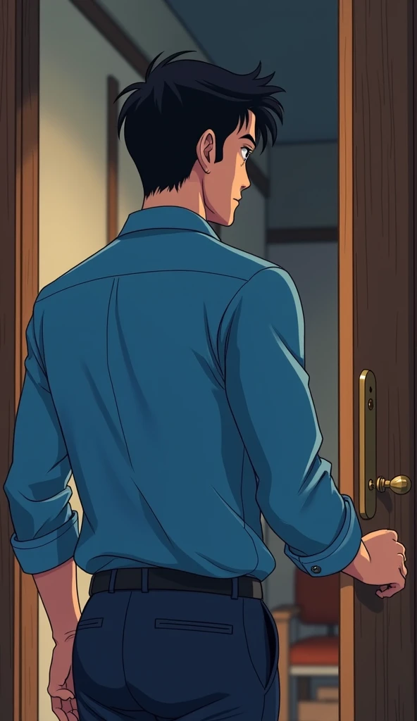 the character is with his back turned opening the front door to go to work
[continue following the same previous image, same art, and same character, same outfit, same objects and same scenario, adult character, he is around 30 years old, he wears a blue d...