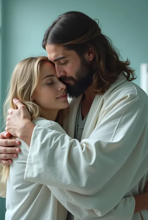 Jesus hugging a blonde-haired woman in a lab coat