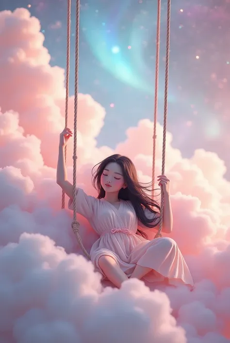 3d realistic,hd wallpaper,Ultra High Dimention,8K, Beautiful Asian girl with long flowing black hair,fair skin, wearing a white dress lying down while daydreaming on a silk swing, a silk swing hanging on soft pastel pink clouds,background langit angkasa be...