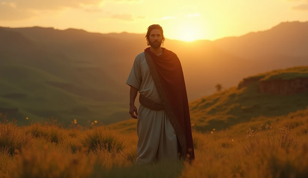 Elisha, receiving Elijah’s mantle, with determination, in a valley, dressed in prophetic attire, stepping into his role as a prophet, sun setting behind him, hyper-realistic, photo realism, cinematography.