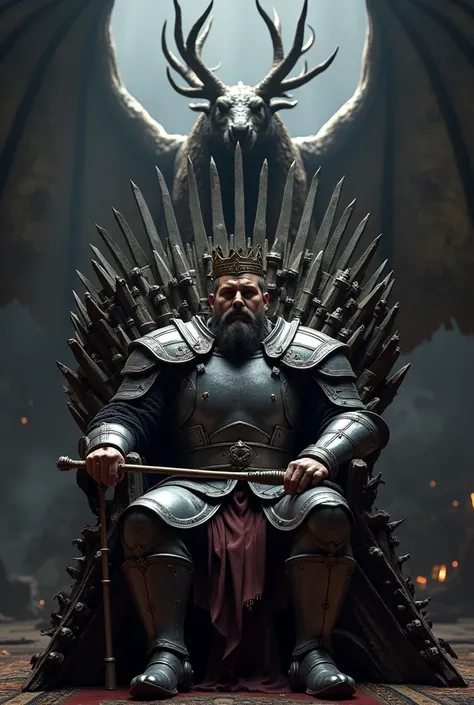 (photorealism:1.2), Robert Baratheon, sitting on iron throne, wearing his battle armour,stag crown on his head, warhammer in one hand , indoors, soft lighting, huge dragon behind the throne, harsh room, relaxed pose, realistic, intricate details, harsh col...