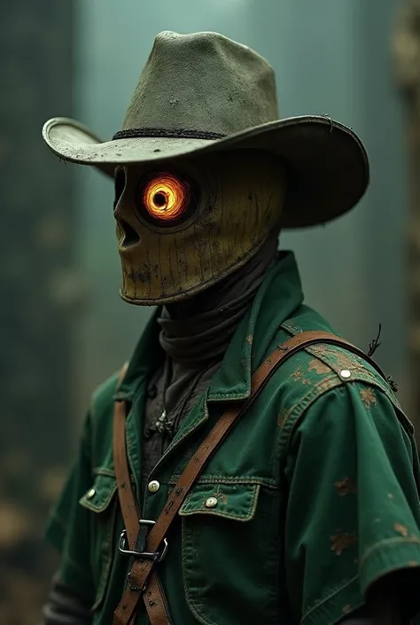 male wearing potato sack mask with one eye hole and spiral eye wearing green scarecrow armor and cowboy hat