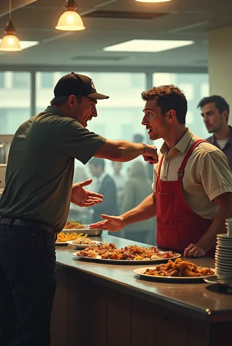 in a cafeteria, A worker yells at a customer